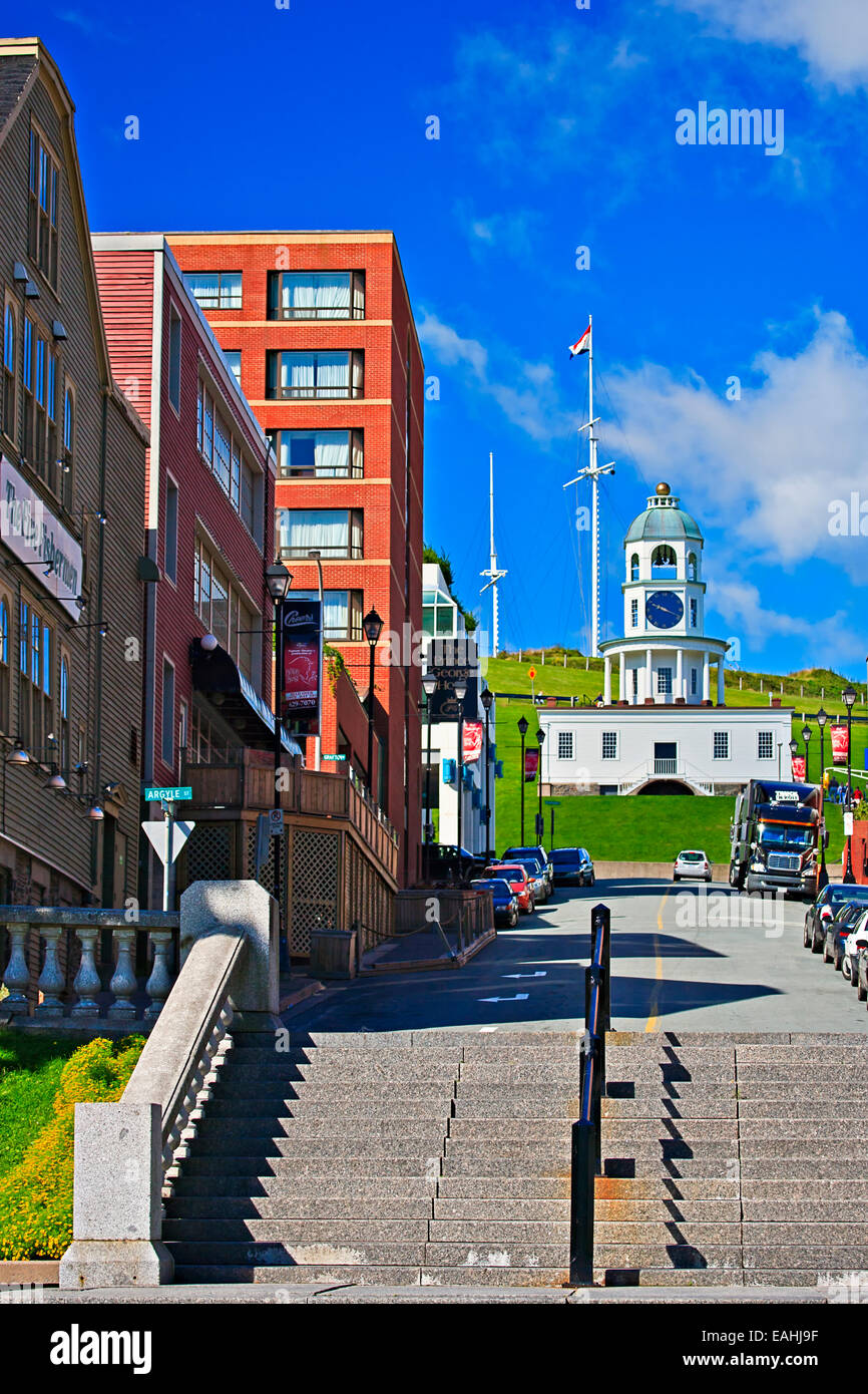 Old Town Clock in the grounds of the Halifax Citadel National Historic Site seen from the steps of the Grand Parade Stock Photo