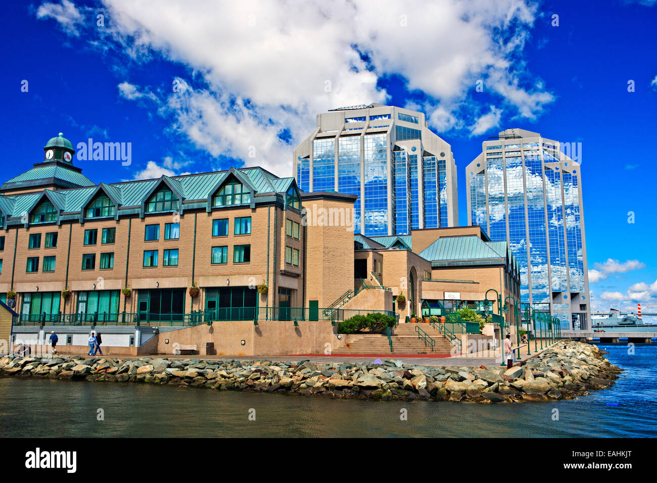 Marriott Harbourfront Hotel seen from the Historic Properties National Historic Site, Privateers Wharf in downtown Halifax, Hali Stock Photo
