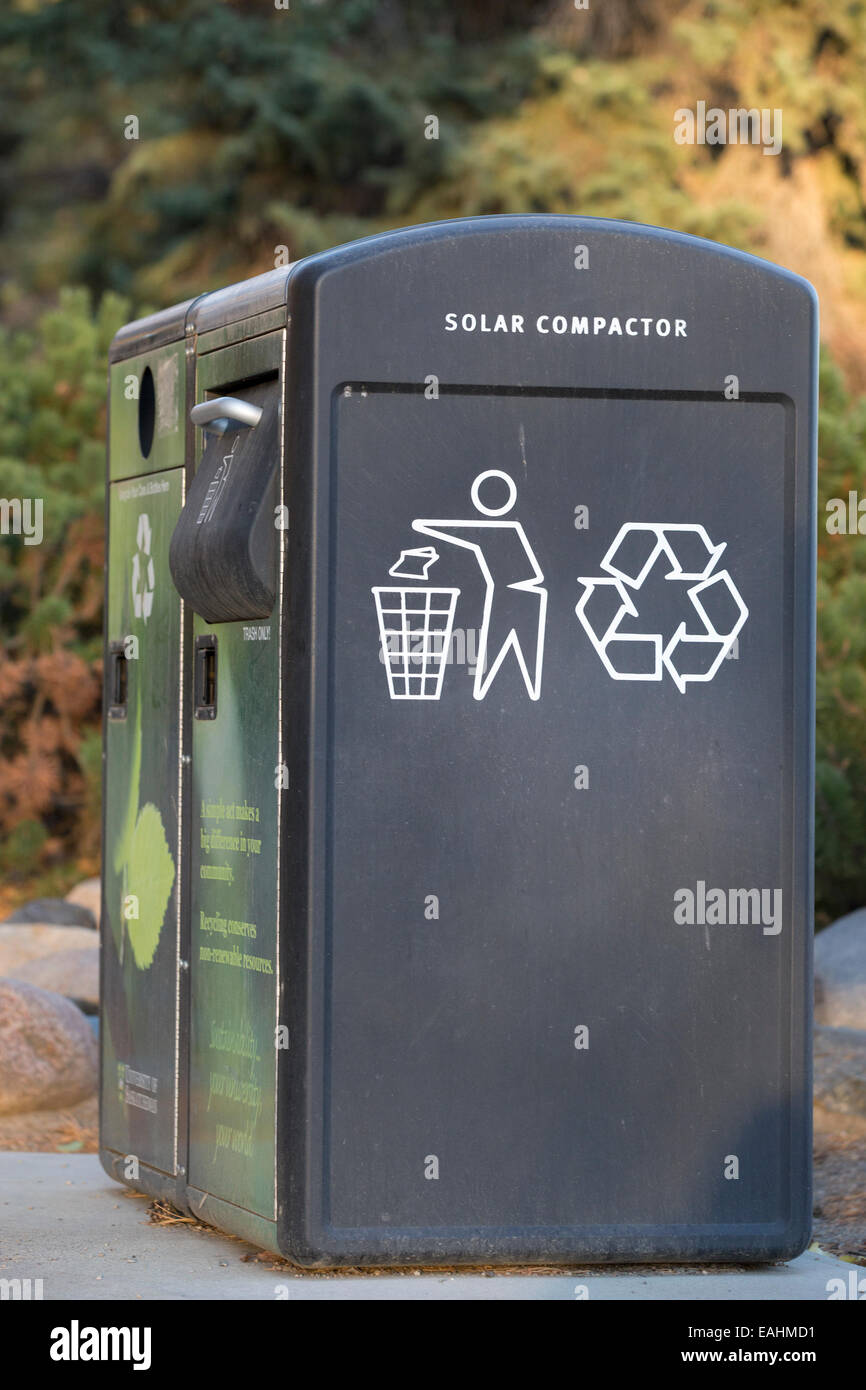 Recycle bin with solar compactor on university campus Stock Photo