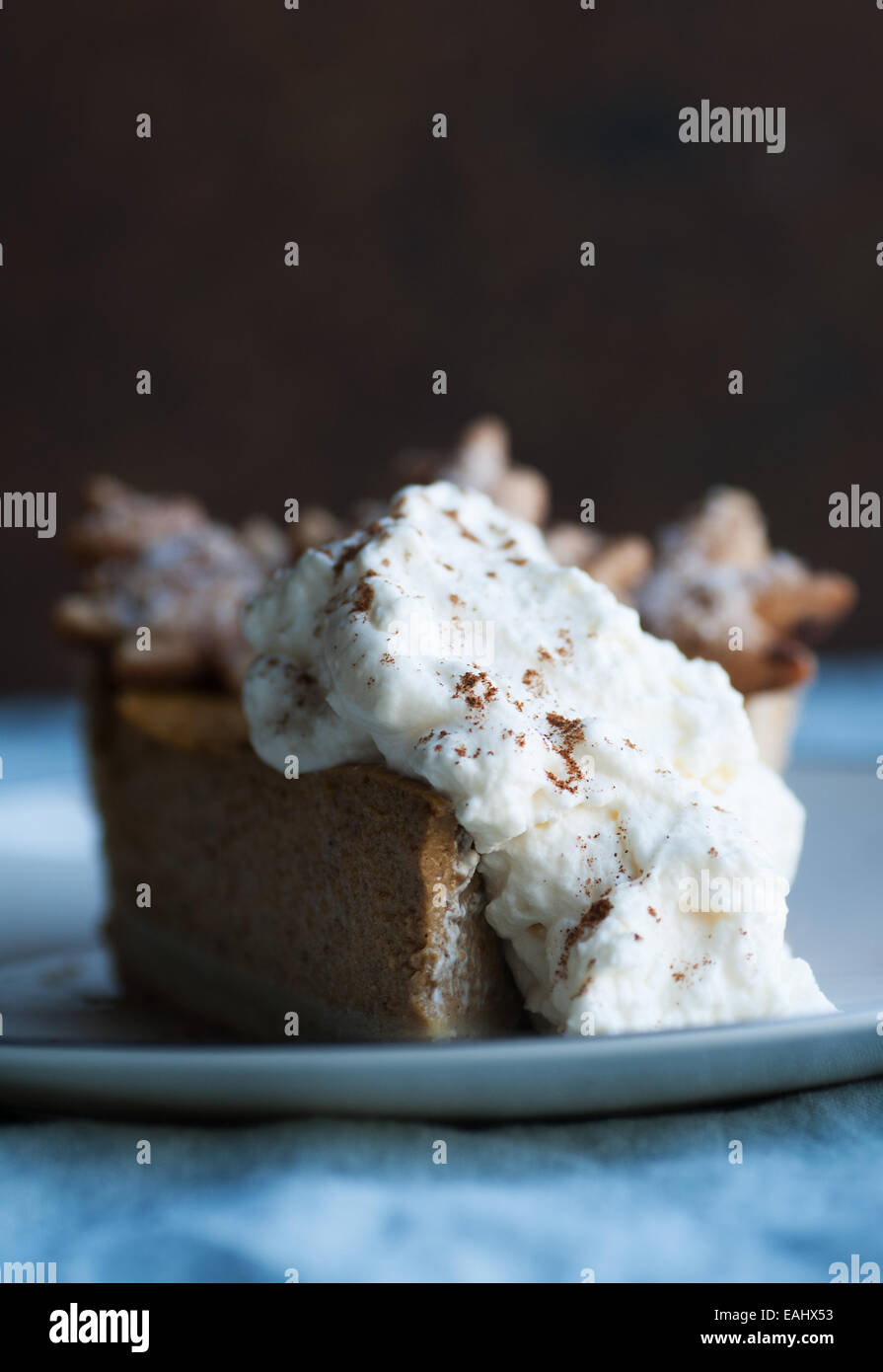 Gorgeous slice of pumpkin pie and whipped cream with cinnamon Stock Photo