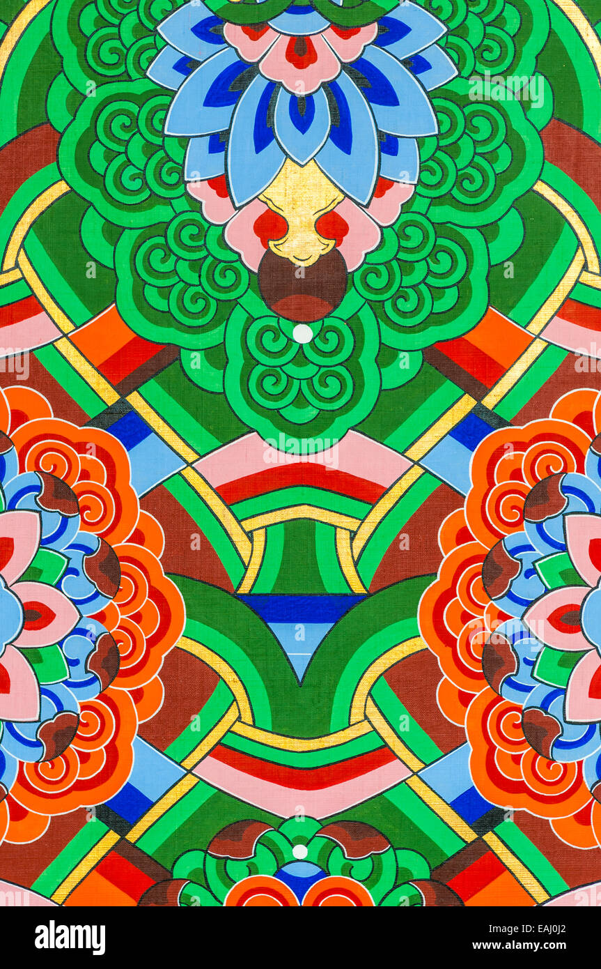 Closeup of elaborate art decorations on the walls of Gyeongbokgung Palace in Seoul, South Korea. Stock Photo