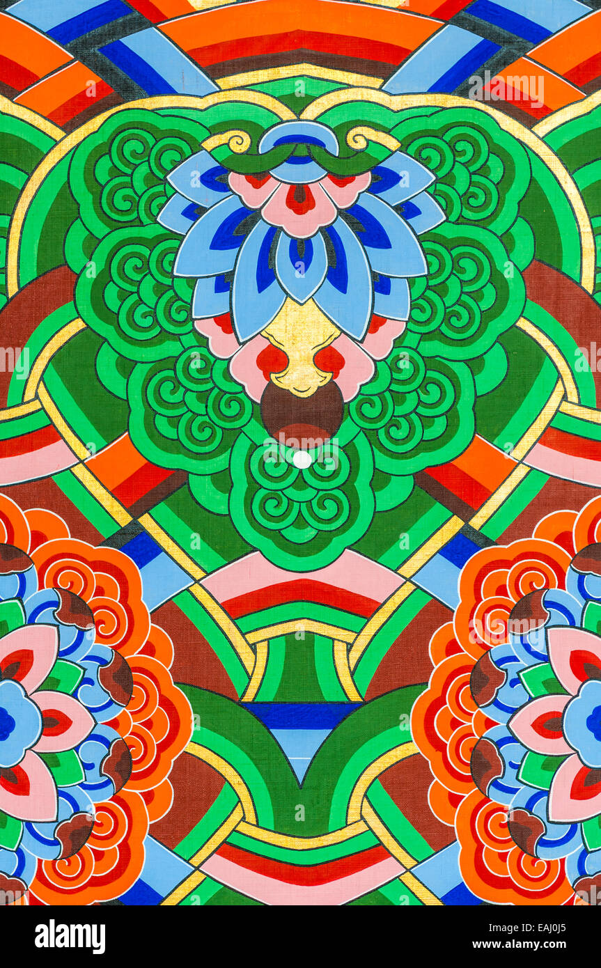 Closeup of elaborate art decorations on the walls of Gyeongbokgung Palace in Seoul, South Korea. Stock Photo