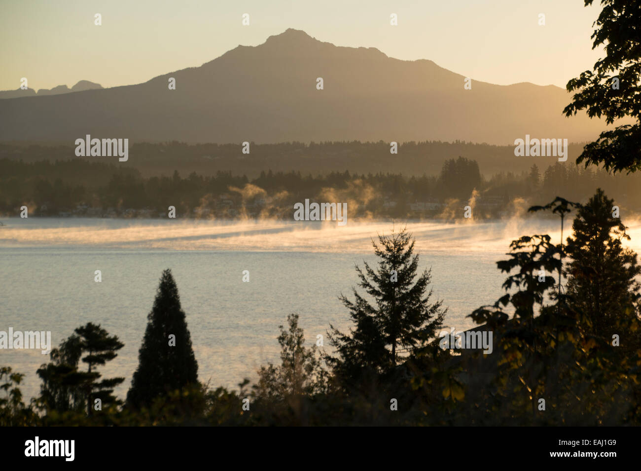 Mist over Lake Stevens, Washington State. Stock Photo