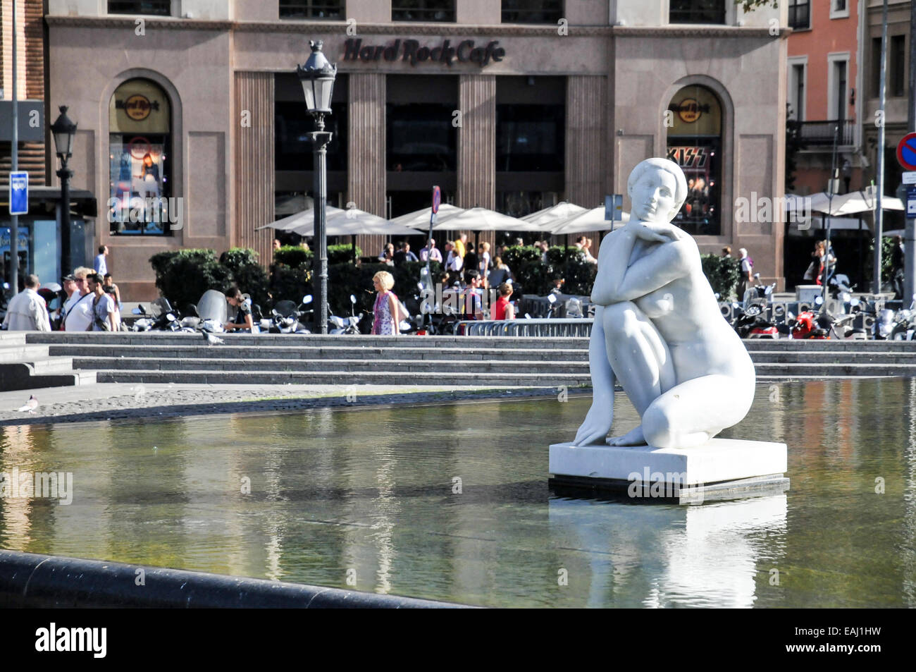 Fountain at Catalunya Square (Placa Catalunya), Barcelona, Spain Stock Photo