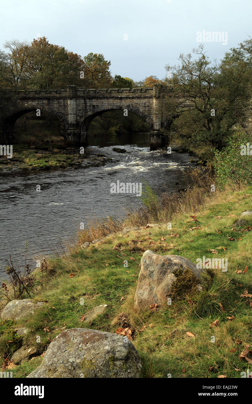 The Wharfe with Bardon Bridge in the background from Dales Way in Wharfedate at Bolton Abbey, Skipton, North Yorkshire, England Stock Photo