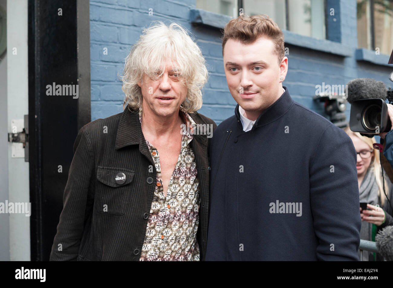 Basing Street, London, UK. 15th November 2014. Bob Geldof greets  Sam Smith outside Sarm Studios for the recording session of the updated Band Aid single. Credit:  Lee Thomas/Alamy Live News Stock Photo
