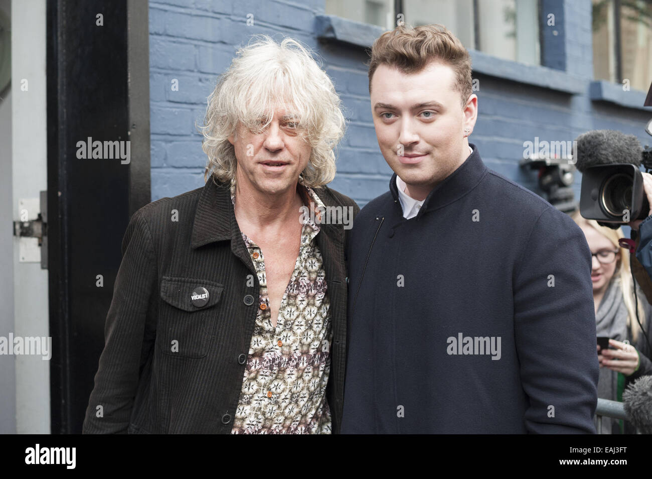 London, UK. 15th Nov, 2014. Bob Geldof greets Sam Smith outside Sarm Studios for the recording session of the updated Band Aid single. © Lee Thomas/ZUMA Wire/Alamy Live News Stock Photo