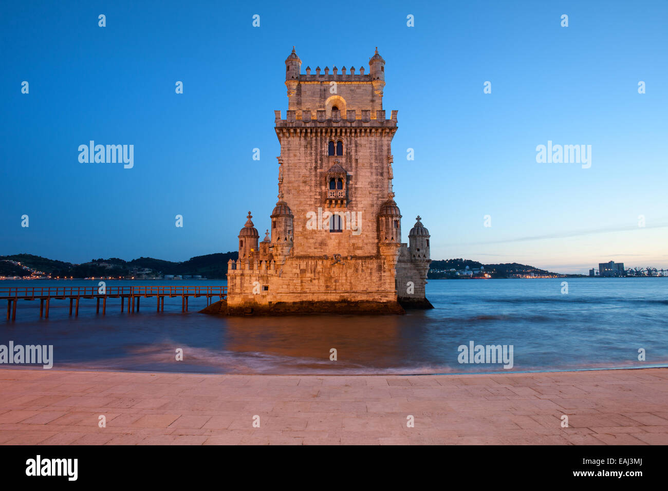 Belem Tower (Portuguese: Torre de Belem) at night in Lisbon, Portugal. Stock Photo