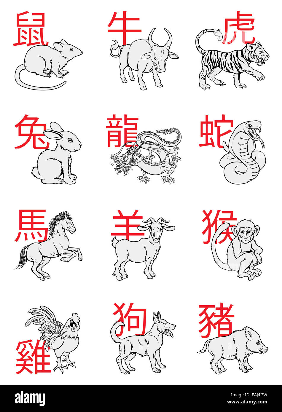 A series of Chinese New Year Zodiac Signs with the calligraphy writing behind each animal Stock Photo - Alamy A series of Chinese New Year Zodiac Signs with the calligraphy writing behind each animal Stock Photo - Alamy