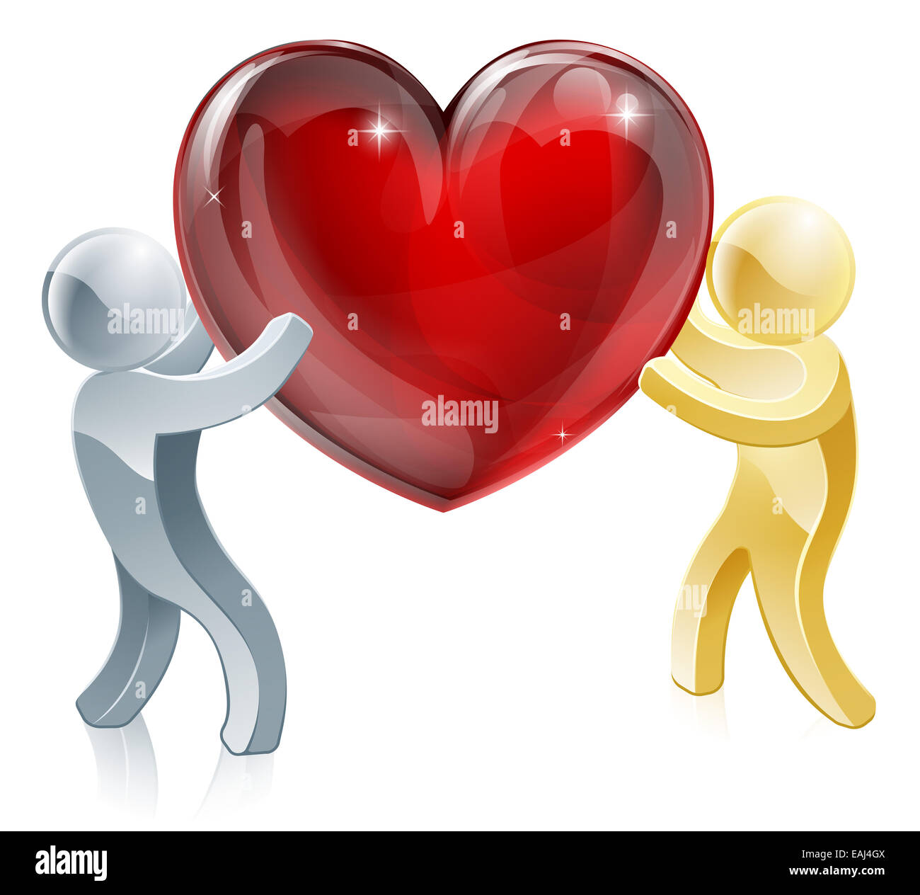 Passing love heart illustration of a silver person passing a big heart to a gold person or carrying it together Stock Photo