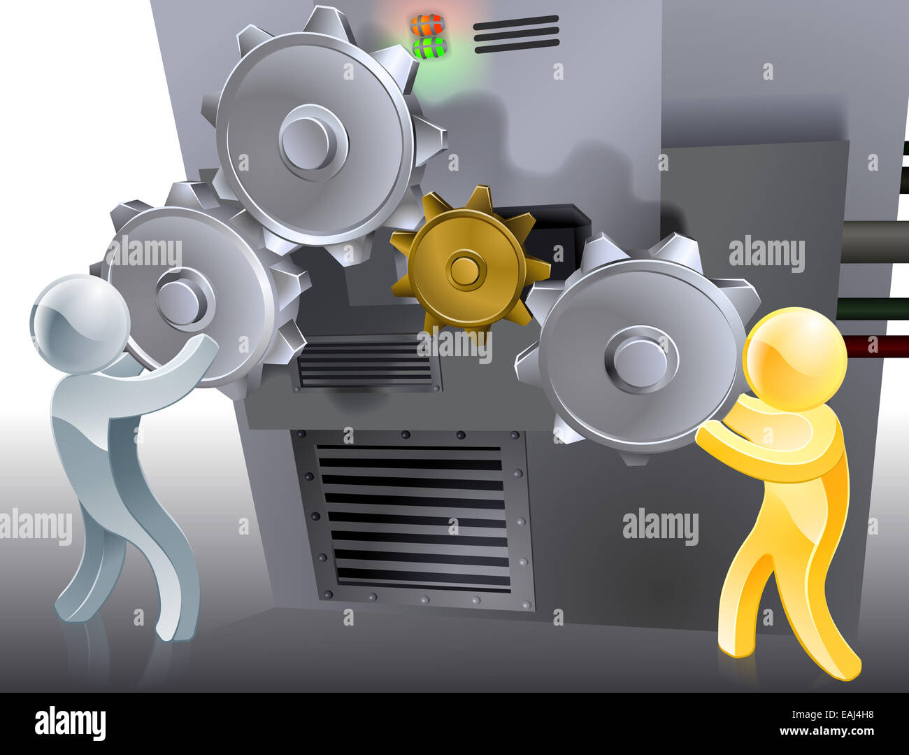 Two Settings Cartoon Changing settings concept with two mascots controlling a machine or ...