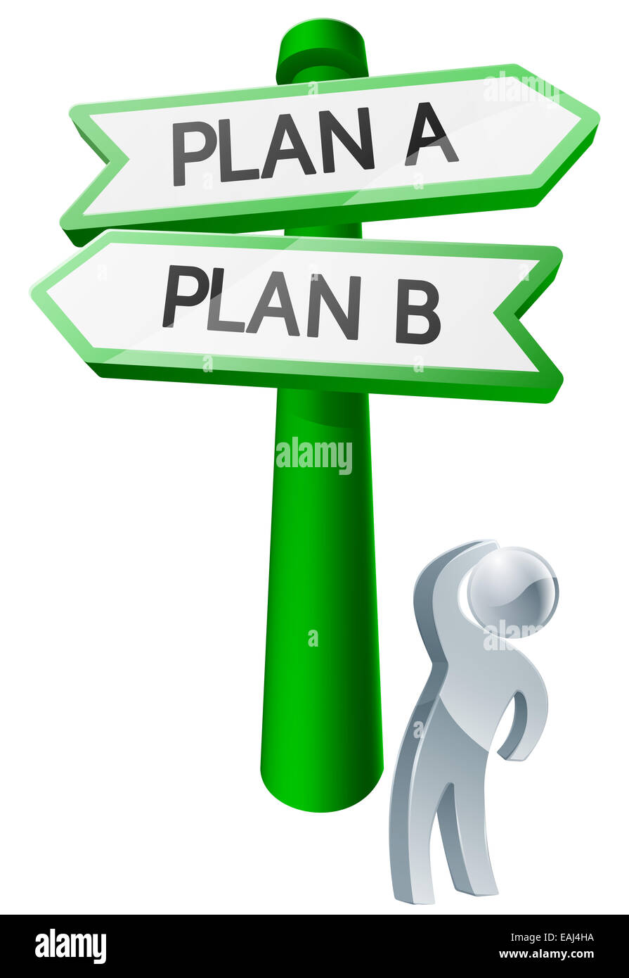 A man considering his options by looking up at a sign reading plan a or plan b Stock Photo