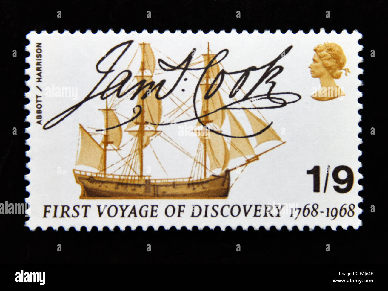 Postage stamp. Great Britain. Queen Elizabeth II. British Anniversaries. Bi-Centenary, Captain Cook's First Voyage of Discovery. Stock Photo