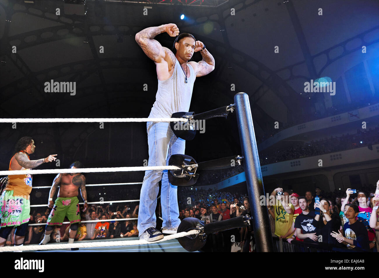 HANDOUT - Former national goal keeper Tim Wiese poses during a wrestling event in Frankfurt/Main, Germany, 15 November 2014. Photo: Affonso Gavinha/WWE (ATTENTION: IMAGE FOR EDITORIAL USE ONLY BY MENTIONTIONING THE SOURCE: Affonso Gavinha/WWE) EDITORIAL USE ONLY Stock Photo