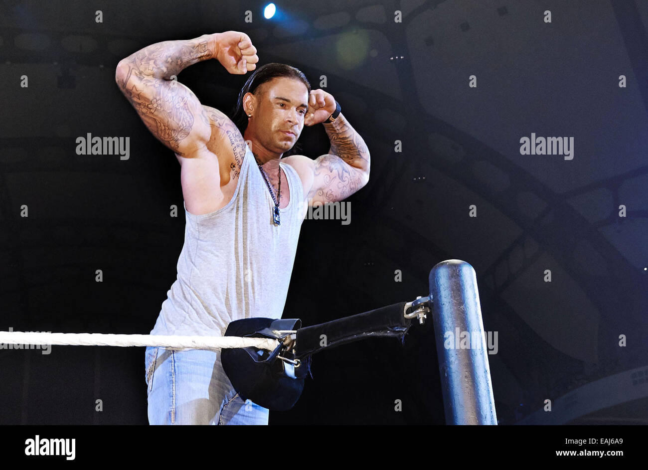 HANDOUT - Former national goal keeper Tim Wiese poses during a wrestling event in Frankfurt/Main, Germany, 15 November 2014. Photo: Affonso Gavinha/WWE (ATTENTION: IMAGE FOR EDITORIAL USE ONLY BY MENTIONTIONING THE SOURCE: Affonso Gavinha/WWE) EDITORIAL USE ONLY Stock Photo