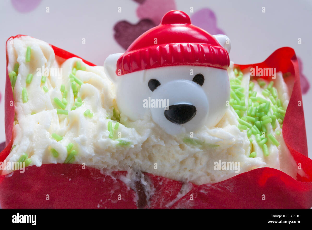 Polar Bear Wearing Hat Decoration On Red Velvet Cake Set On Heart