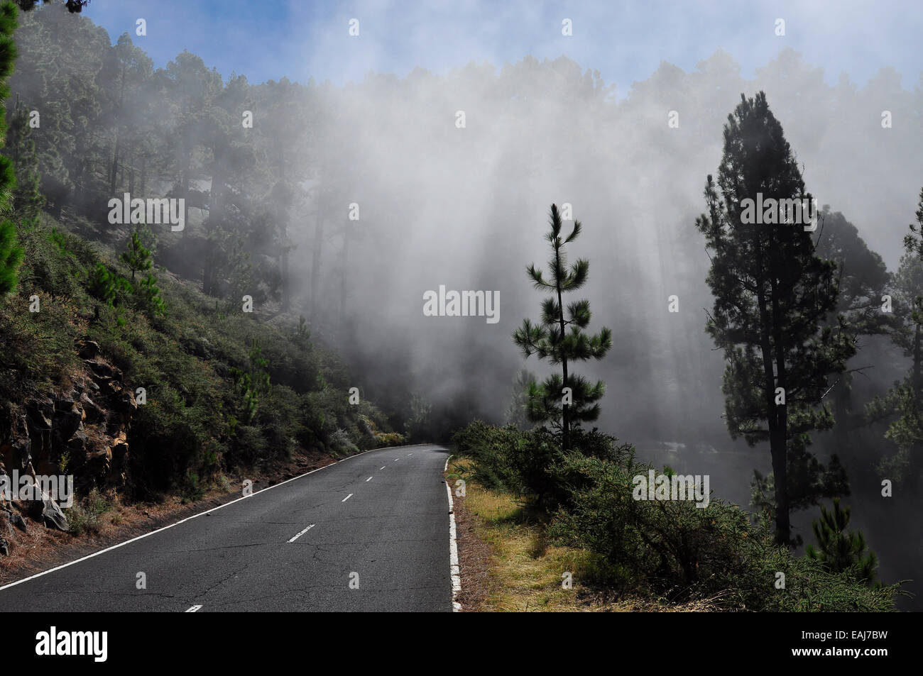 Sunbeams and clouds on the LP-4 road to the Observatorio del Roque de los Muchachos, La Palma Canary Islands Spain. Stock Photo