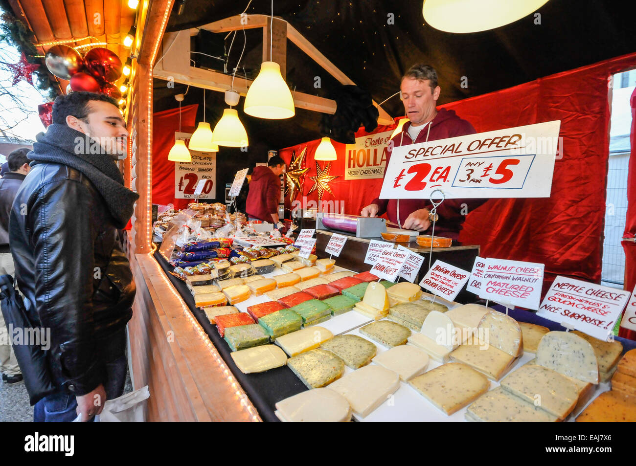 Belfast, Northerm Ireland. 15th November, 2014.  Dutch cheeses on sale as the annual continental market opens in the grounds of Belfast City Hall Credit:  Stephen Barnes/Alamy Live News Stock Photo