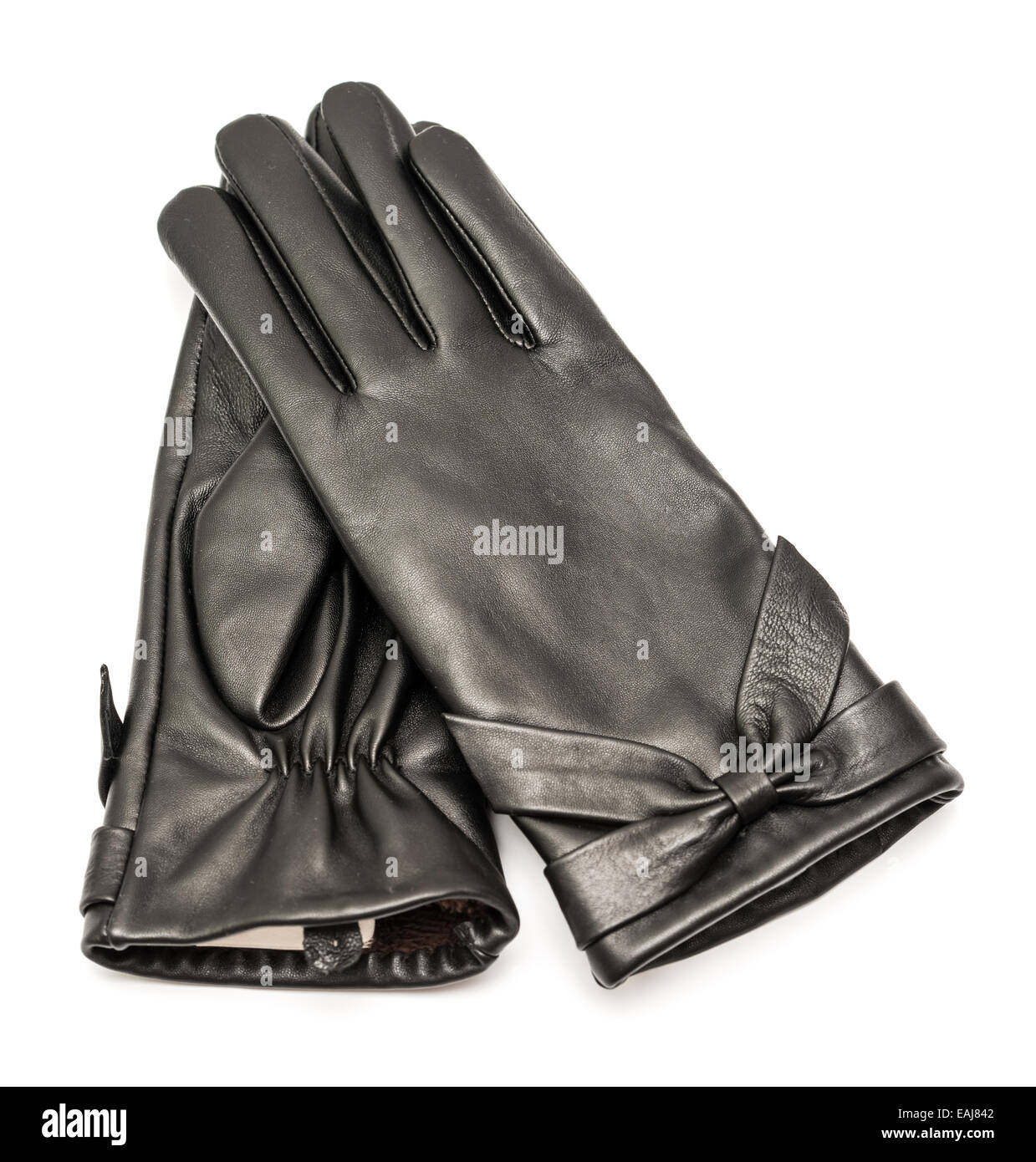 Putting black short leather gloves pic