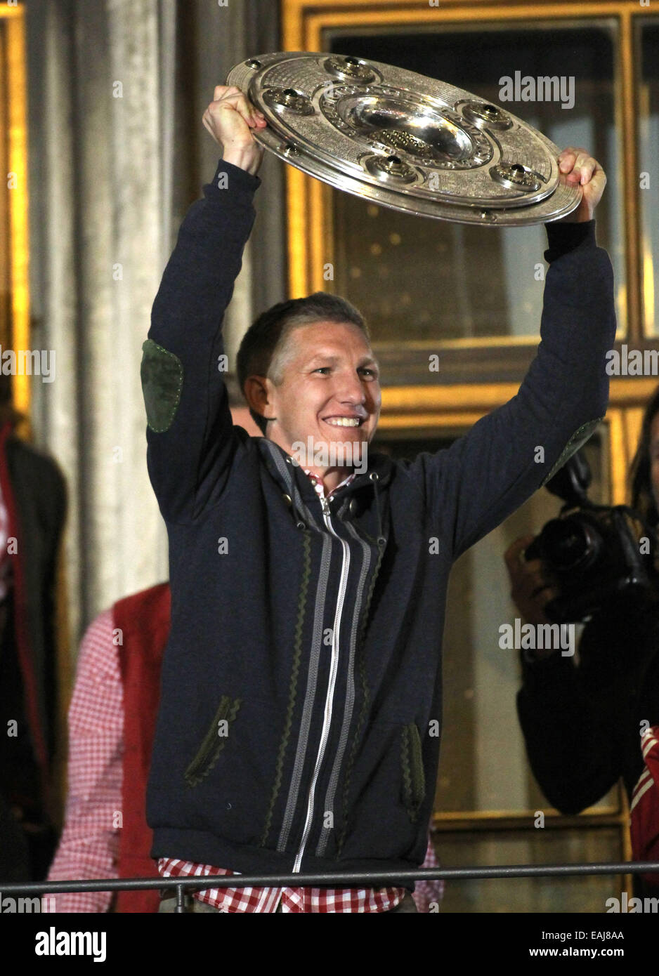 Bastian Schweinsteiger celebrating the FC Bayern Muenchen Champions League win at City Hall.  Featuring: Bastian Schweinsteiger Where: Munich, Germany When: 10 May 2014 Stock Photo