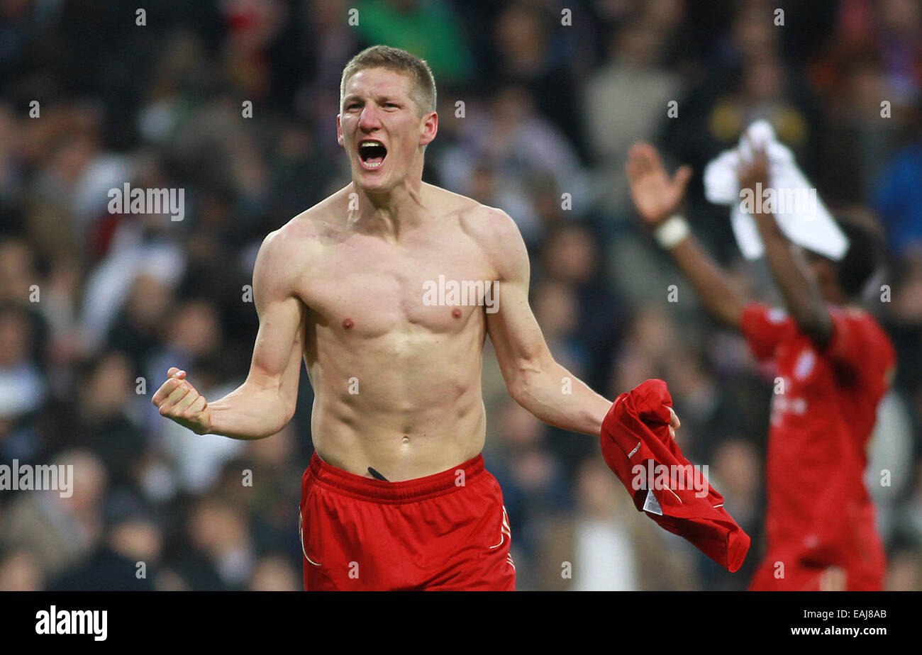 Bastian Schweinsteiger showing off his muscles at Champions League semi final.  Featuring: Bastian Schweinsteiger Where: Madrid, Spain When: 14 May 2014 Stock Photo