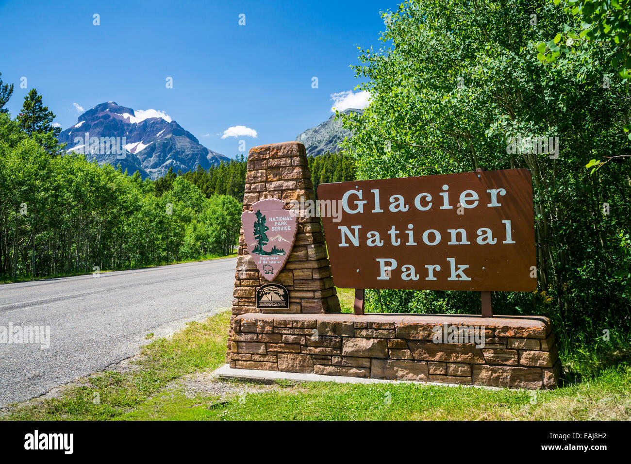 A Glacier National Park sign at the Two Medicine entrance, Montana, USA