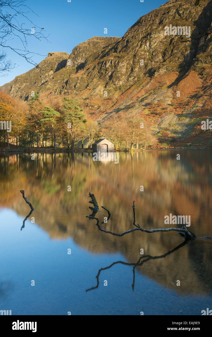 Wast water boat house and screes in autumn, English Lake District Stock Photo