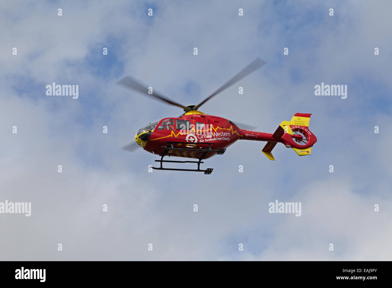 Great Western Air Ambulance taking off from Grove Park, Weston-super-Mare, Somerset, England Stock Photo