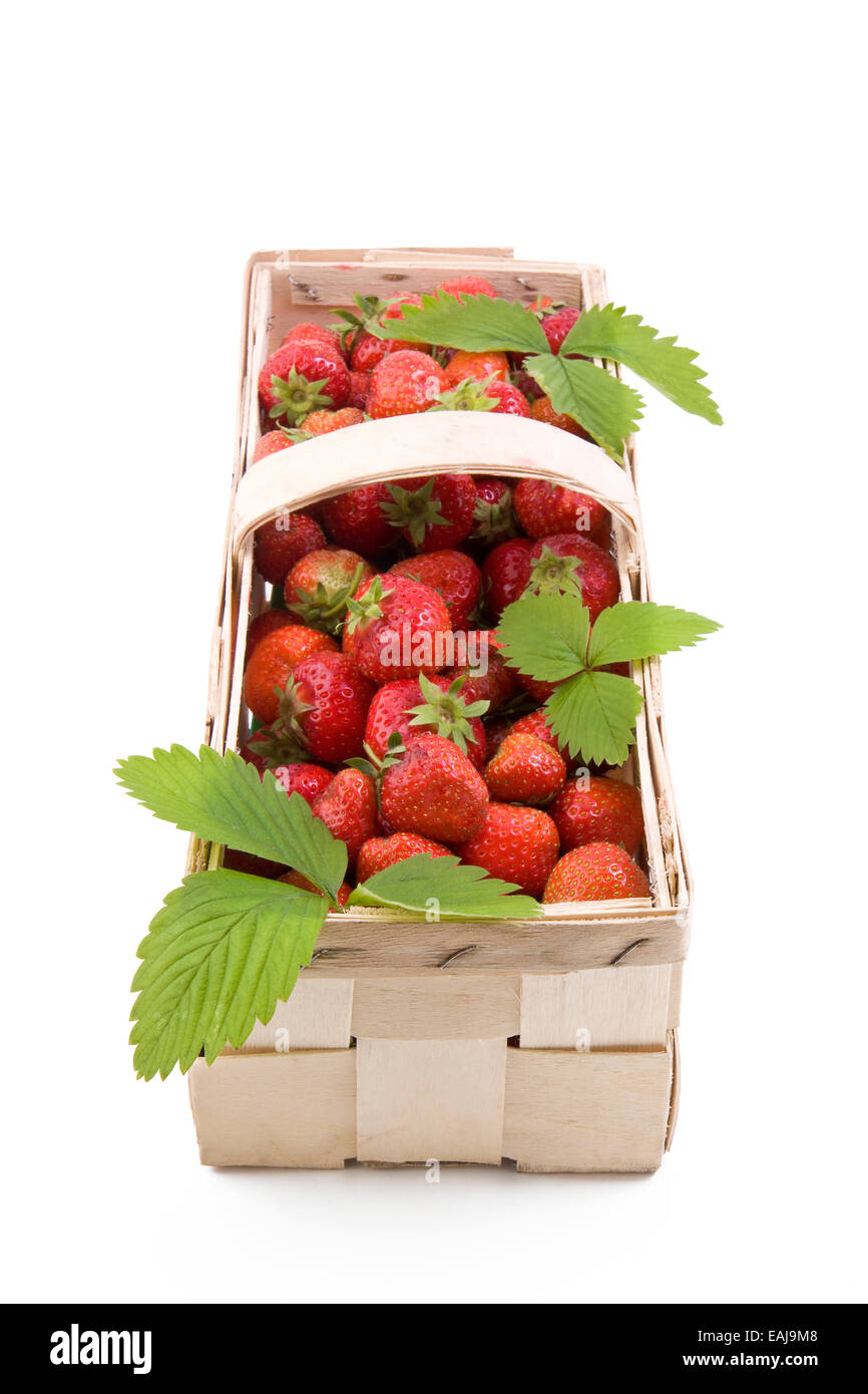 Fresh juicy strawberries in wooden basket isolated on white Stock Photo ...