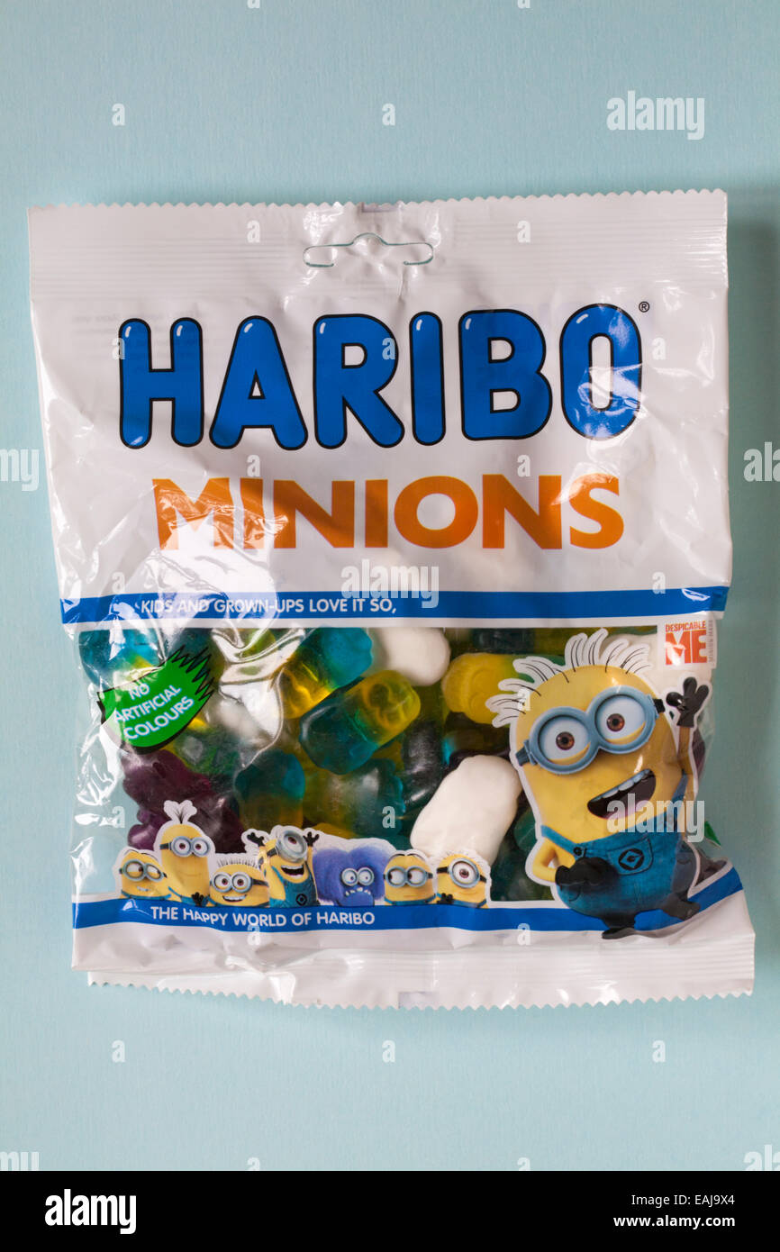 packet of Haribo Minions isolated on blue background Stock Photo