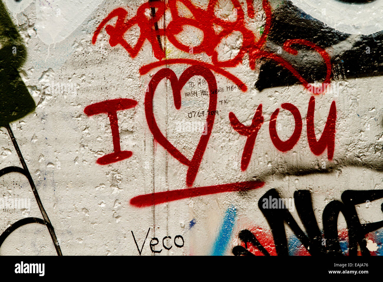 Graffiti art urban Berlin Wall I Love You heart Stock Photo