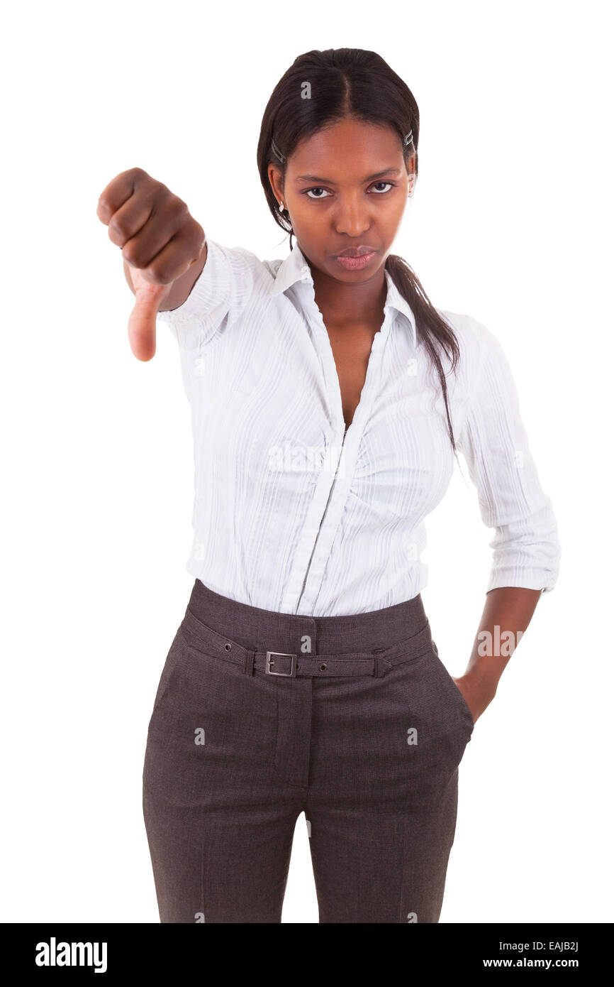 African American business woman making thumbs down gesture - Black ...