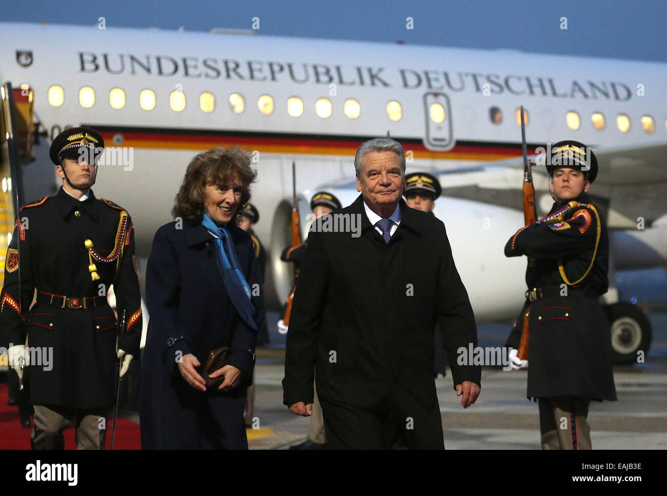 Bratislava, Slovakia. 16th Nov, 2014. German President Joachim Gauck (L) is welcomed with military honours at the airport in Bratislava, Slovakia, 16 November 2014. Gauck participates at the meeting of the presidents of the Visegrád states and of Germany on occasion of the commemoration '25 Jahre Friedliche Revolution' (lit. '25 years of peaceful revolution'). Photo: Wolfgang Kumm/dpa/Alamy Live News Stock Photo