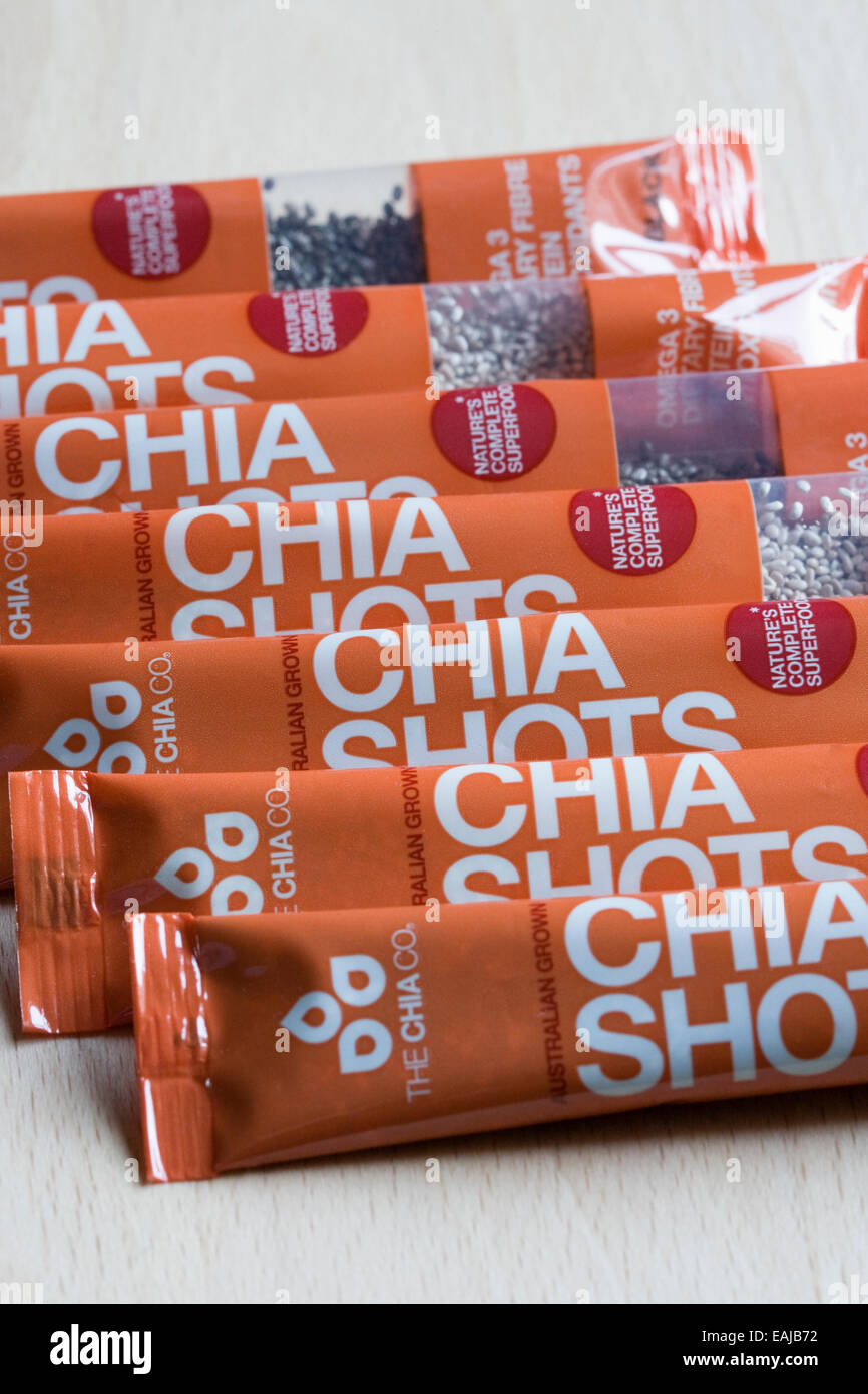 Chia Shots packets. Stock Photo