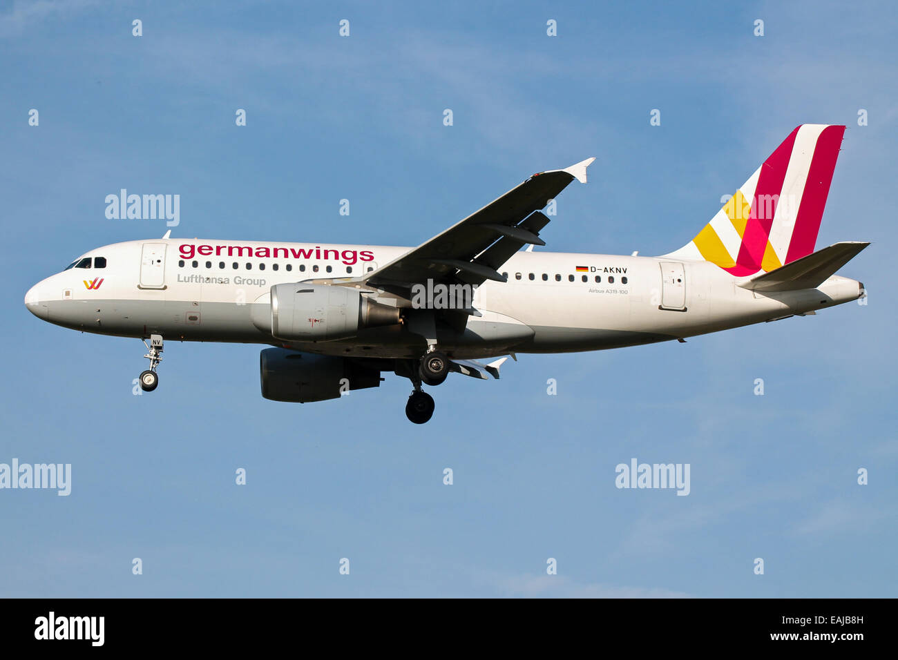 Germanwings Airbus A319 approaches runway 27L at London Heathrow Airport. Stock Photo