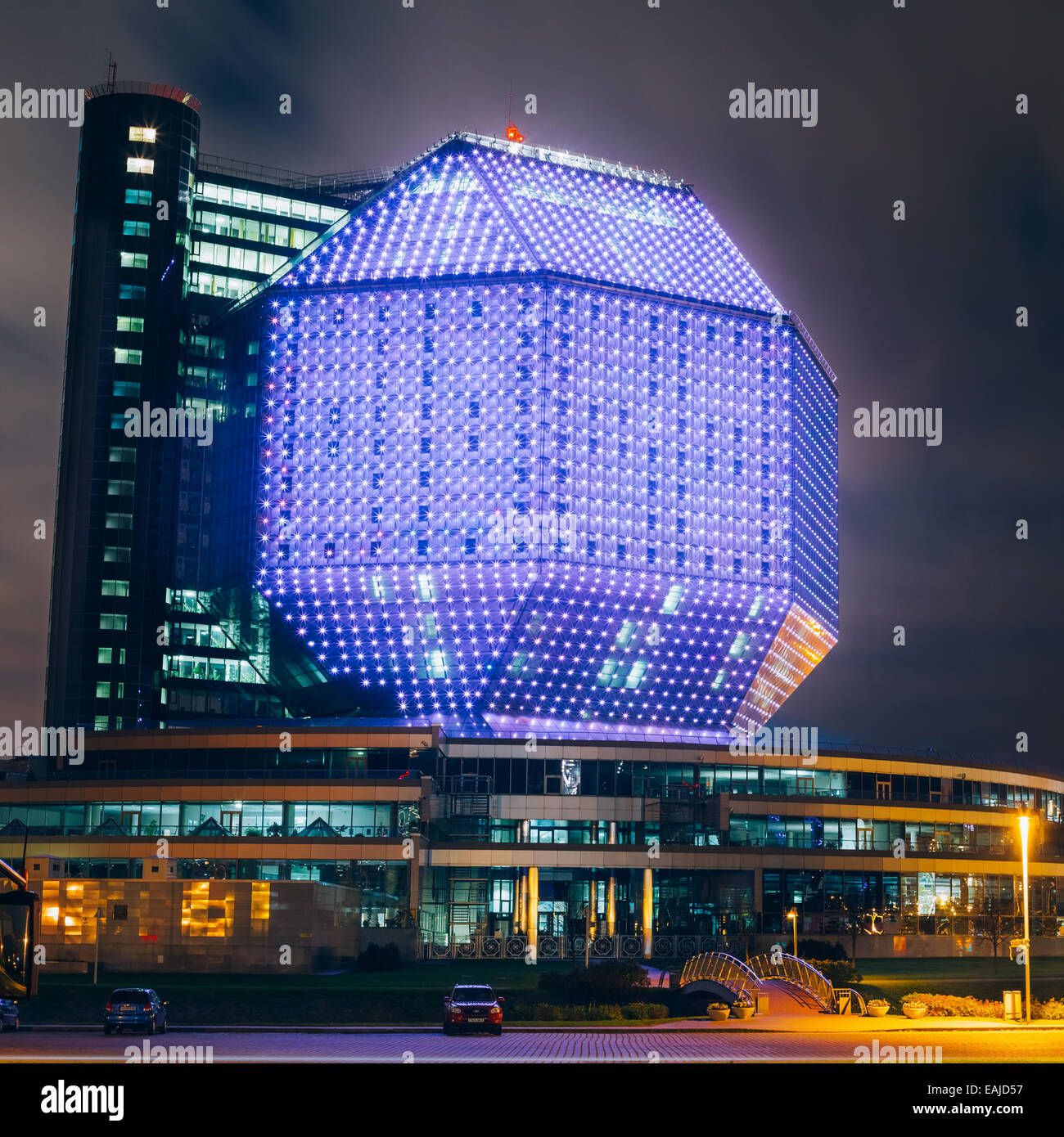 MINSK, BELARUS - SEPTEMBER 28, 2014: Unique Building Of National Library Of Belarus In Minsk At Night Scene. Building Has 23 Flo Stock Photo