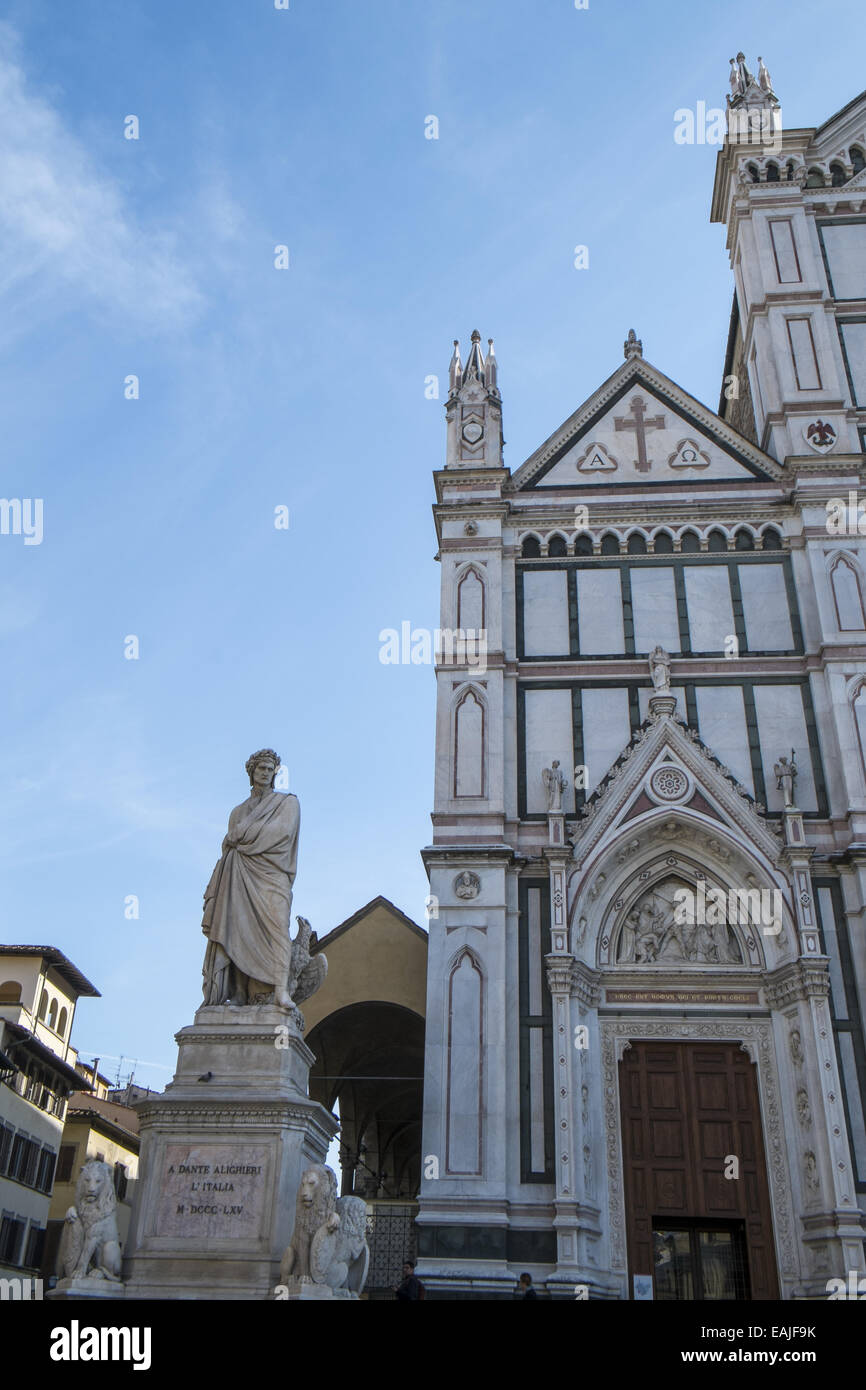 Statue of Dante Alighieri in Piazza Santa Croce beside the Basilica of Santa Croce in Florence,Italy Stock Photo