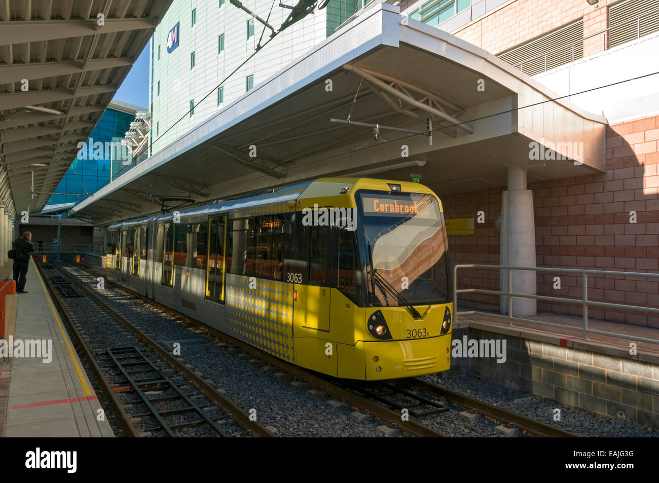 Metrolink tram at the Manchester Airport terminus, Manchester, England