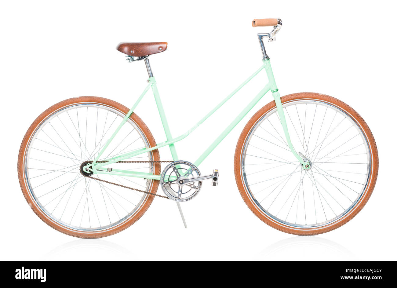 Stylish green female bike with brown wheels on white background Stock Photo