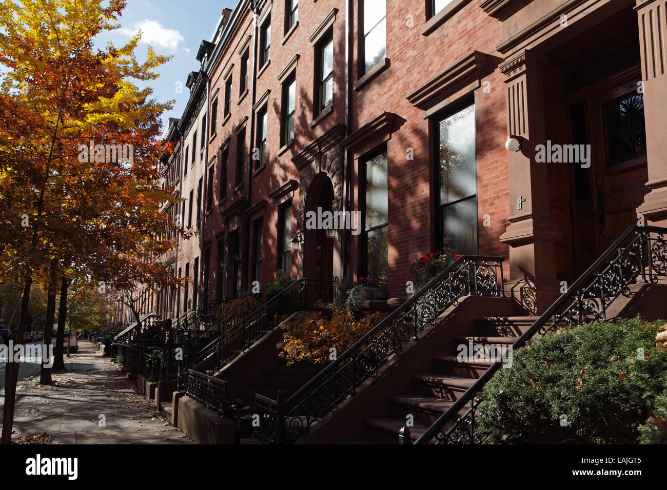 View of brownstone houses on Henry Street in Brooklyn Heights historic district Stock Photo