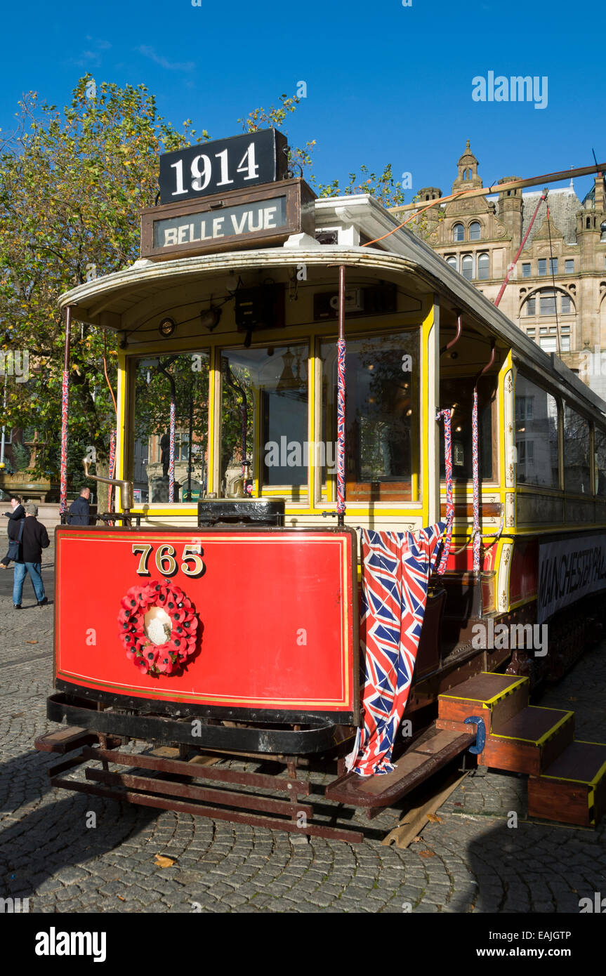 1914 Manchester Corporation Tramways vintage tramcar No.765 on display for one day only at Albert Square, Manchester, UK. Stock Photo