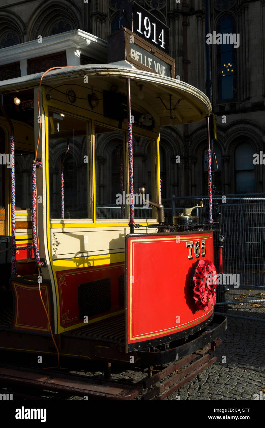 1914 Manchester Corporation Tramways vintage tramcar No.765 on display for one day only at Albert Square, Manchester, UK. Stock Photo