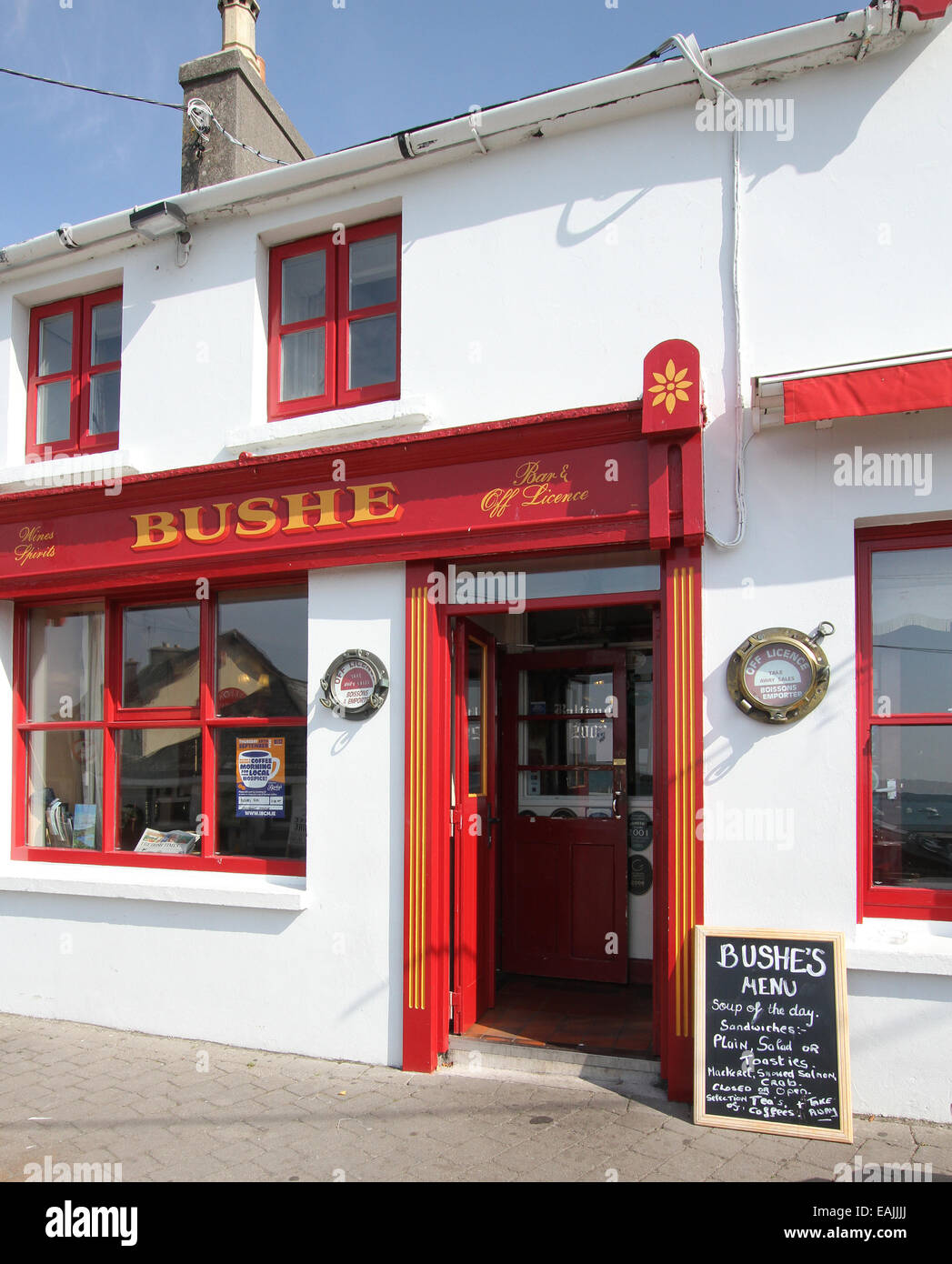 Entrance door to a pub in Ireland at the waterfront above the harbour