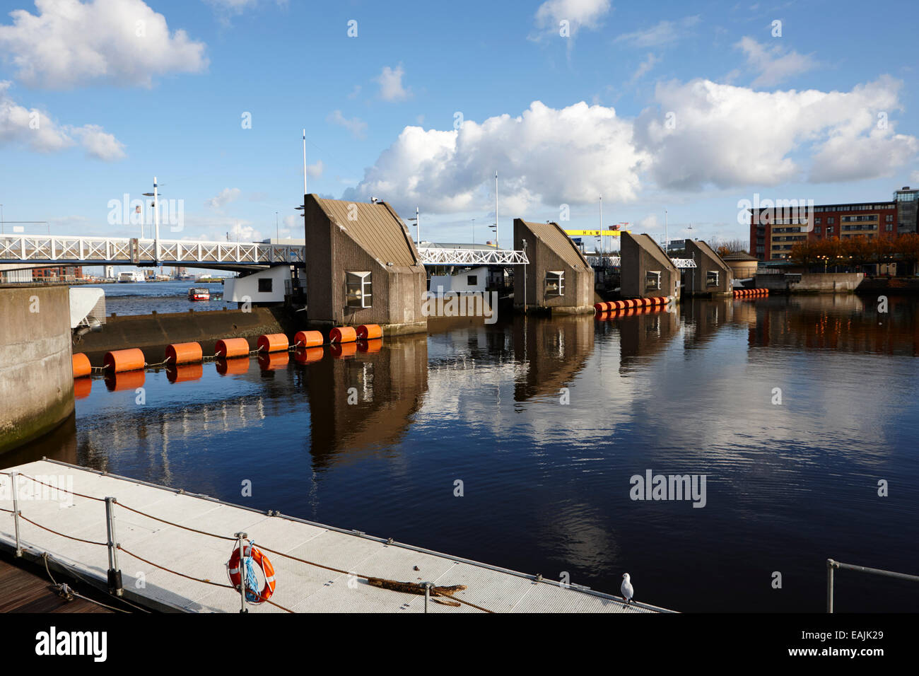 river lagan weir and jetty Belfast Northern Ireland Stock Photo