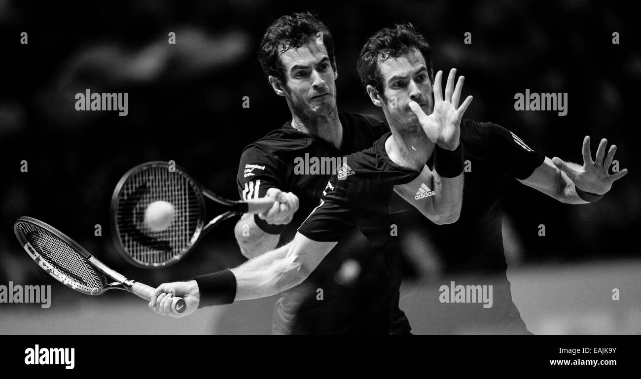 London, UK. 16th Nov, 2014. ATP World Tour Finals. Novak Djokovic versus Andy Murray, exhibition match. Multiple (in-camera) exposure of Andy Murray in action Credit:  Action Plus Sports/Alamy Live News Stock Photo