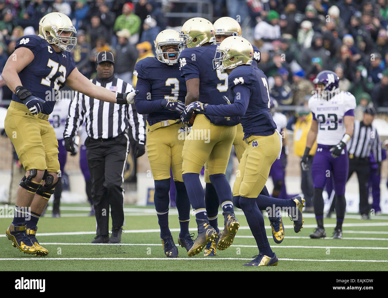 Overtime. 15th Nov, 2014. Notre Dame players celebrate touchdown by
