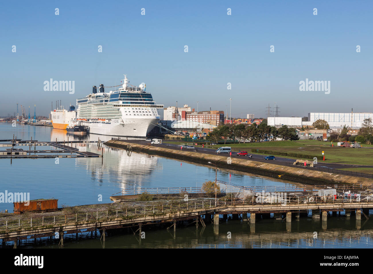 Southampton waterfront and cruise liner 'Celebrity Eclipse' moored at