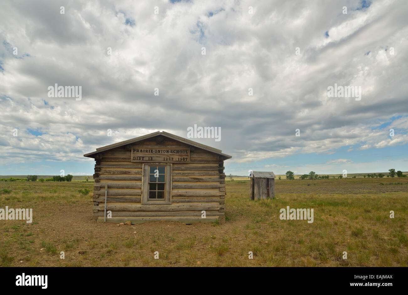 Prairie Union School, A one-room schoolhouse reconstructed to its original appearance at American Prairie Reserve, Montana. Stock Photo