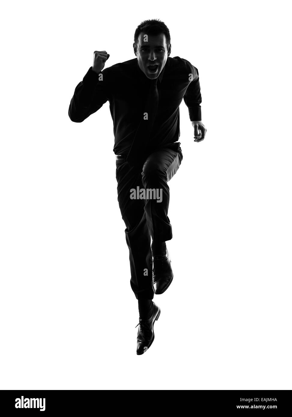 one caucasian business man running in silhouette on white background Stock Photo