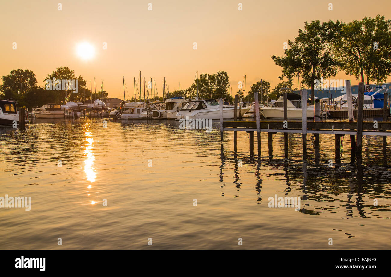 Golden glow on marina boats and water Stock Photo